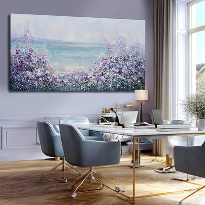 GAIDUOMAI Large Landscape Wall Art for Living Room Purple Flowers Pictures Wall Decor Blue Coastal Canvas Prints Modern Artwork for Bedroom Dining Room 29x58 Inch