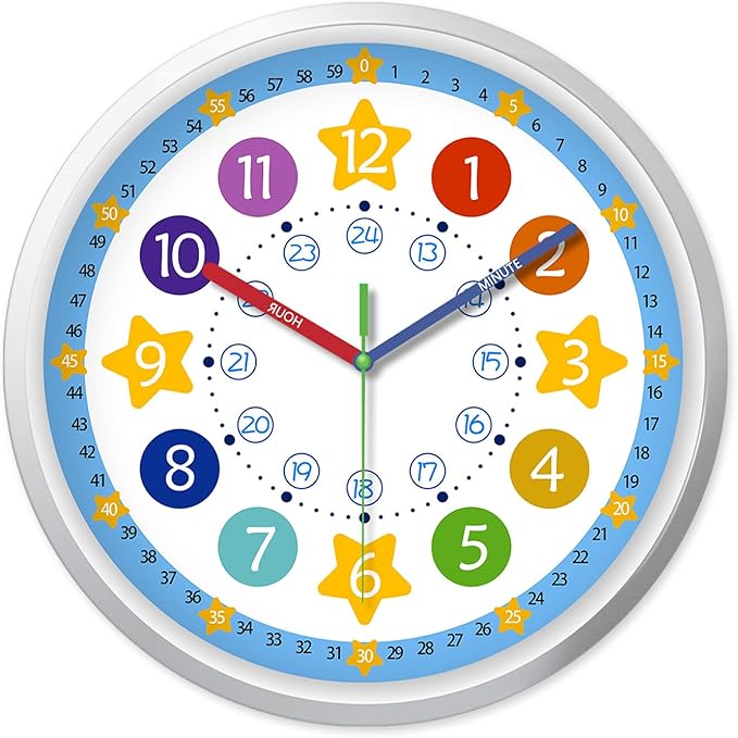 XFM Blue Kids Wall Clock 8 Inch Silent Non Ticking Quartz Battery Operated Decorative Time Teaching Clock for Children Bedroom Nursery Room Classroom
