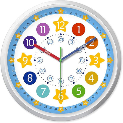 XFM Blue Kids Wall Clock 8 Inch Silent Non Ticking Quartz Battery Operated Decorative Time Teaching Clock for Children Bedroom Nursery Room Classroom