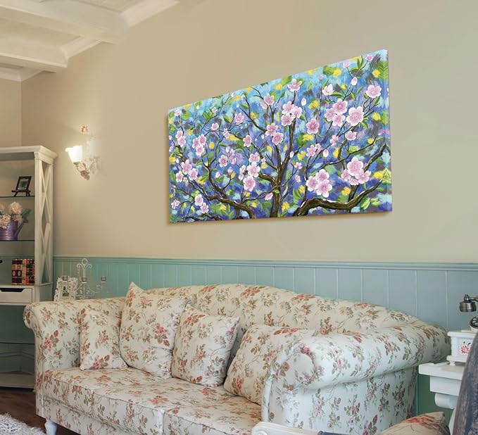 ARTZON Large Wall Art for Living Room Pink Green Artwork Cherry Blossom Sakura Floral Tree of Life Nature Botanical Picture Spring Flower Landscape Canvas Print Over Bed Decor Bedroom Office 48"x24"