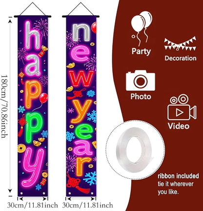 Nuxovilar Happy New Year Banner, 70.86" x 11.81" Colorful Background Letters Hanging Decorations for Outdoor Indoor Home Wall