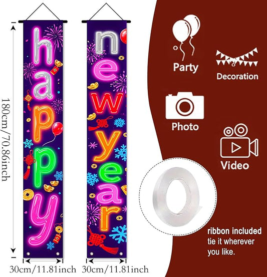Nuxovilar Happy New Year Banner, 70.86" x 11.81" Colorful Background Letters Hanging Decorations for Outdoor Indoor Home Wall