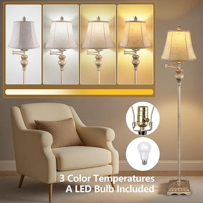 PARTPHONER Vintage Floor Lamps for Living Room,Traditional 350° Adjustable Swing Arm Farmhouse Floor Lamp for Bedroom, Rustic Standing Lamp Pole Lamps for Reading, Home Décor and Office, White