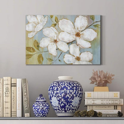 Wexford Home Home Decor Landscape Canvas Wall Art Abstract Floral Painting Modern Pictures Artwork Decoration for Living Room Kitchen Bathroom Office, Ready to Hang, White Blossoms, 18x27
