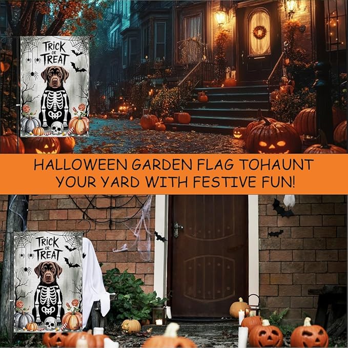 Fokongna Trick or Treat Halloween Garden Flag, Spooky Ghost Dog Halloween Decor, 12x18 Inch Burlap Vertical Double Sided Flags, for Home Yard Outside Decorations