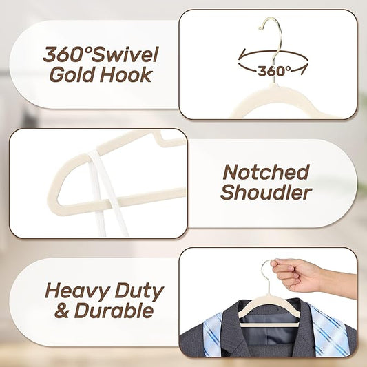Premium Velvet Hangers 30 Pack with Gold Hooks, Non-Slip, Space Saving Felt Clothes Hangers, Sturdy Slim Flocked Hanger for Dresses, Coats, Tie and Pants(Beige)