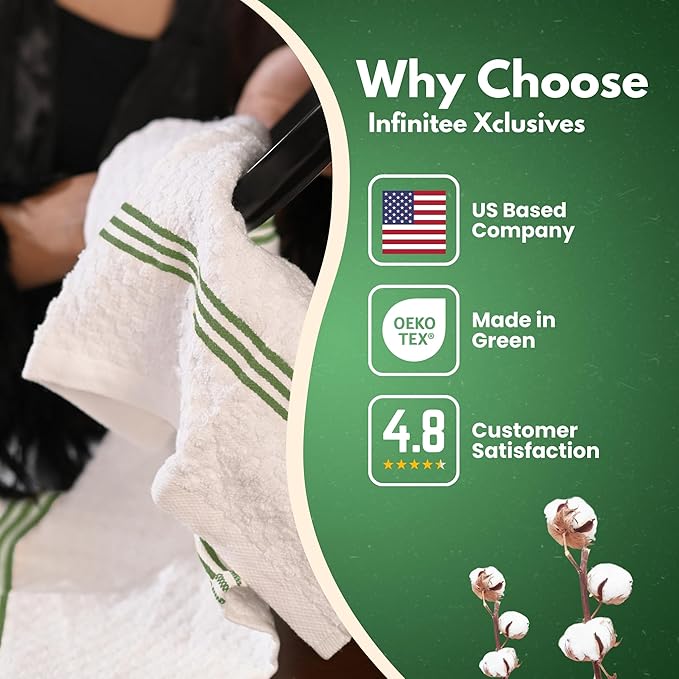 Infinitee Xclusives Premium Kitchen Towels – Pack of 3, 100% Cotton 15 x 25 Inches Absorbent Dish Towels - Terry Kitchen Dishcloth Towels - Green Dish Cloth for Household Cleaning