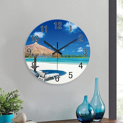 XFM Beach Wall Clock Battery Operated 16 Inch Blue Ocean Glass Wall Clocks Silent Non Ticking Tropical Summer Coastal Clock for Bedroom Living Room Office