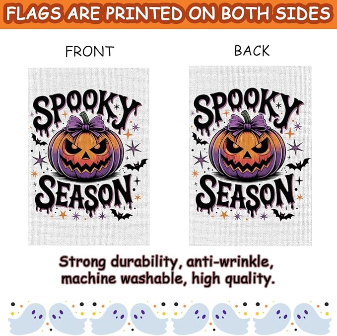 Fokongna Spooky Season Garden Flag, Halloween Scary Pumpkin Bat Decor Flag, 12x18 Inch Burlap Vertical Double Sided Flags, for Home Yard Outside Decorations