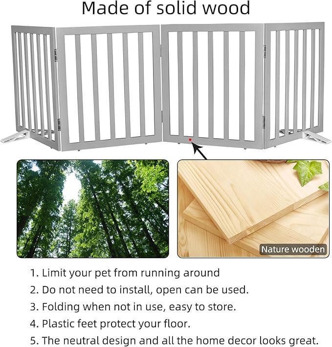Dog Gate Indoor, Freestanding Dog Fence for The House, Doorways, Hallways,or Stairs,Pet Gate Foldable Wooden,Expandable 32" Height 4 Panels,Grey