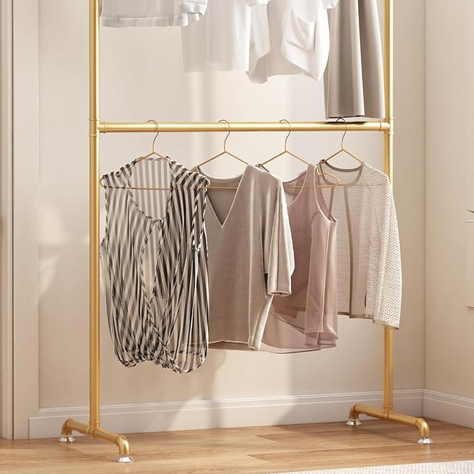Industrial Pipe Clothing Rack, Heavy Duty Metal Clothes Rack with Double Rods, Freestanding Garment Rack for Bedroom Boutique Retail Use (gold)