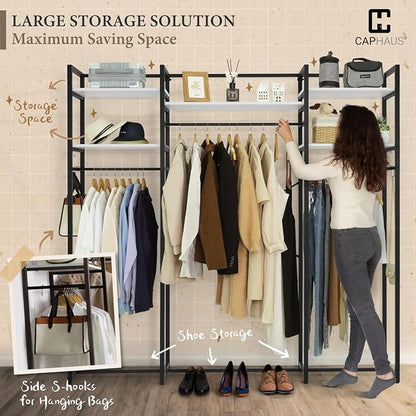 CAPHAUS 913lbs Capacity Garment Rack for Hanging Clothes, Heavy Duty Open Wardrobe w/Hanging Rods, Free Standing Closet Organizer, Clothing Rack, Metal Closet w/Wooden Boards, Rustic Oak Board