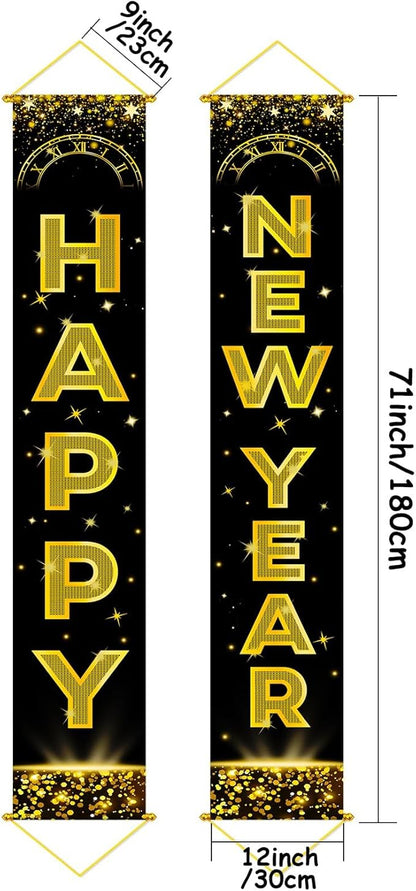 Upgraded, Ideal New Years Eve Party Supplies 2026, 300D Premium Happy New Year Banner, Large 71x12in (with 2pcs Golden hanging rod) Classic Design, HQ Fabric, HD Printing, for New-Years Decorations