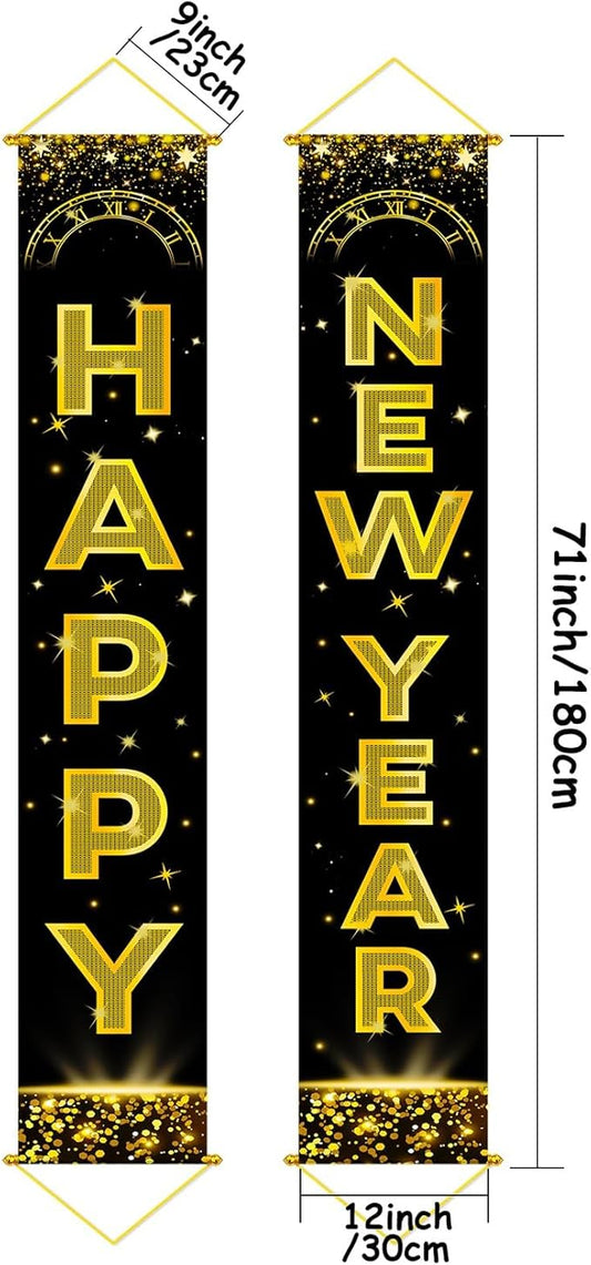 Upgraded, Ideal New Years Eve Party Supplies 2026, 300D Premium Happy New Year Banner, Large 71x12in (with 2pcs Golden hanging rod) Classic Design, HQ Fabric, HD Printing, for New-Years Decorations