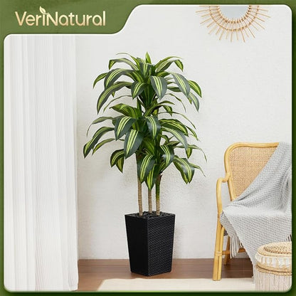 Artificial Dracaena Tree 5FT - UV Resistant Faux Tree with Large Taper Planter & Pebbles - Tall Fake Plants Indoor & Outdoor, Potted Floor Plant for Home Living Room Porch Decor, VN127