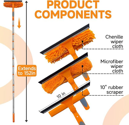 152" Squeegee Window Cleaner 2 in 1 Rotatable Window Cleaning Tool Kit with Extension Pole, Window Washing Equipment with Bendable Head for Indoor/Outdoor Window and Car Glass