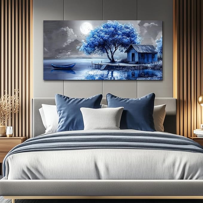 QIYILEXWART Large Wall Decor For Living Room Canvas Wall Art For Office Modern Wall Decorations For Bedroom Blue Tree Landscape Painting Abstract Pictures Artwork Room Home Decor 24x48 In