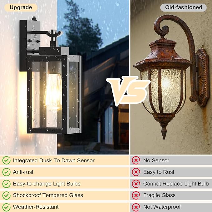 2-Pack Dusk to Dawn Outdoor Wall Lights, Modern Black Sensor Porch Light Fixtures, Waterproof Exterior Lighting for House, Garage, Patio, Front Door, 100-120Vac