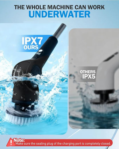 Electric Spin Scrubber, 3-Speed Cordless Shower Scrubber with 90° Adjustable & 10 Replaceable Brush Heads, 90 Mins Runtime & Full-Body IPX7 Waterproof Shower Cleaner Brush with Long Handle