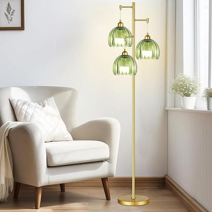 Modern Floor Lamp for Living Room Bedroom-3 Light Gold Floor Lamp with Glass Lampshape, Flower Tall Lamp Glass Standing Lamp Tree Green Floor Lamps for Living Room Bedroom,Corner