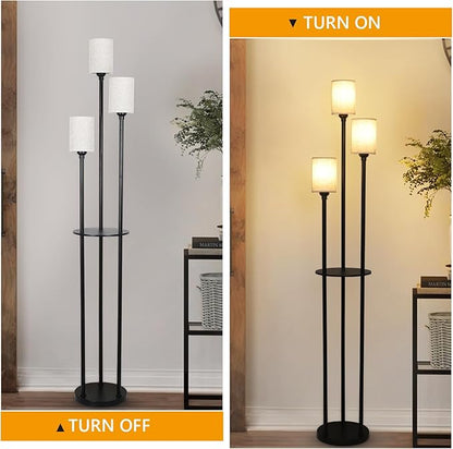 Floor Lamp with Shelves, Modern Floor Lamps for Living Room, 3-Lights Standing Lamp with Linen Shade and Foot Switch, Industrial Standing Lamps for Bedroom, Black Tall Table Lamp for Office
