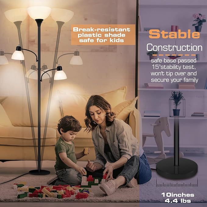 Luvkczc Floor Lamps for Living Room, 72" Tall Torchiere Floor Lamp with 8W Adjustable Reading Lights, Industrial Lamps for Living Room, Bedroom, Office, Black Tree Floor Lamp, 3 Bulbs Included