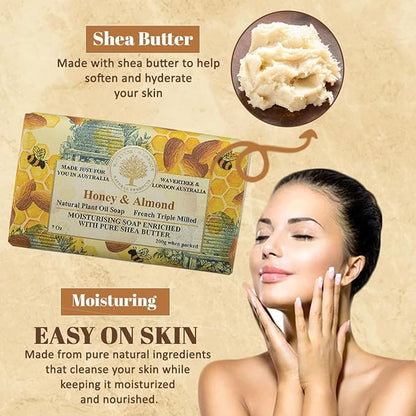 Wavertree & London Honey Almond Scented Natural Soap (8 Bars), 7oz Moisturizing French Triple Milled Soap Bars enriched with shea butter - Pure Plant Oil Bath & Body Bars for All Skin Types