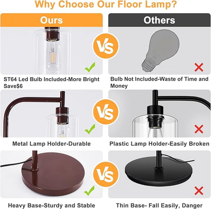 DLLT Floor Lamp Tall for Room: Brown Standing Lamp with Clear Glass Lampshade for Living Room - Modern Bright Lamp for Bedroom - Industrial Corner Floor Lamps for Office 8W Led Bulb Included