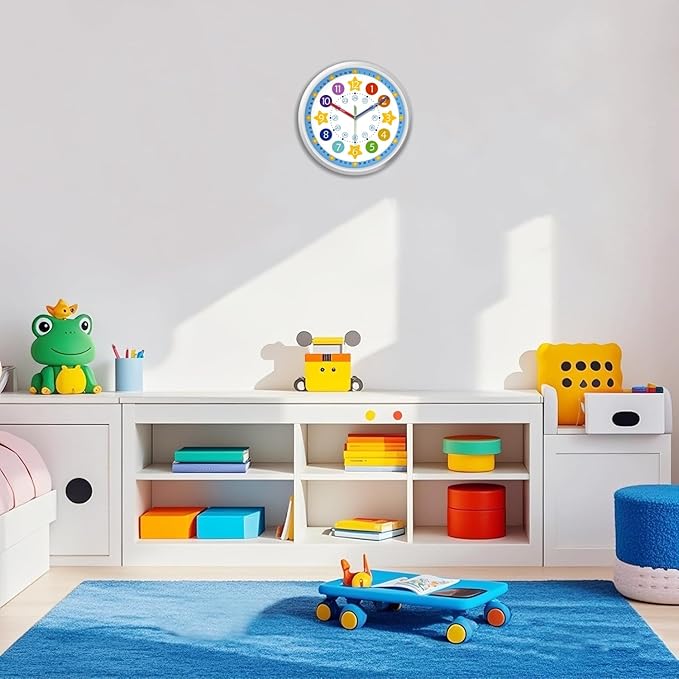 XFM Blue Kids Wall Clock 14 Inch Silent Non Ticking Quartz Battery Operated Decorative Time Teaching Clock for Children Bedroom Nursery Room Classroom