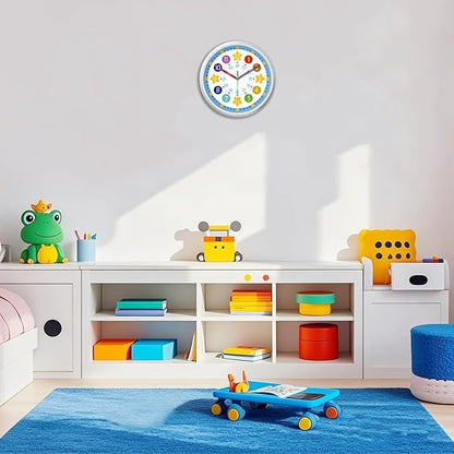 XFM Blue Kids Wall Clock 14 Inch Silent Non Ticking Quartz Battery Operated Decorative Time Teaching Clock for Children Bedroom Nursery Room Classroom