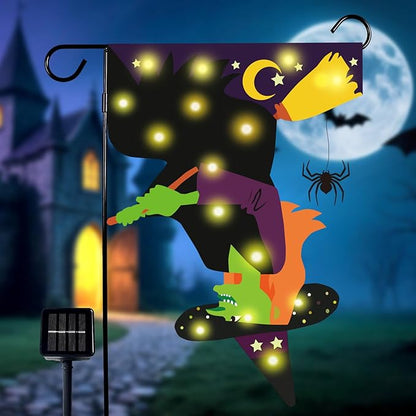 Halloween Solar-Powered Lighted Witch Garden Flag, 12x18 Inch Double-Sided Outdoor Decor with 8 Lighting Modes, Waterproof Yard Flag for Halloween Patio, Lawn & Porch