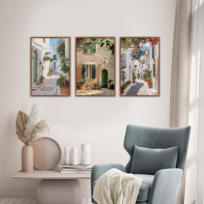 HLNIUC Vintage Italian Countryside Landscape Framed Wall Art,Mediterranean Italy Street Landscape Poster,Modern Europe Street Canvas Painting,Nature Scenery Art Print for Living Room Office-16 x24 x3