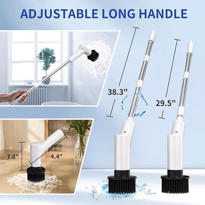 Electric Spin Scrubber, Cordless Shower Scrubber with 7 Replacement Brush Heads, IPX5 Waterproof Bathroom Scrubber with Adjustable Handle, 2 Speed Power Cleaning Brush for Cleaning