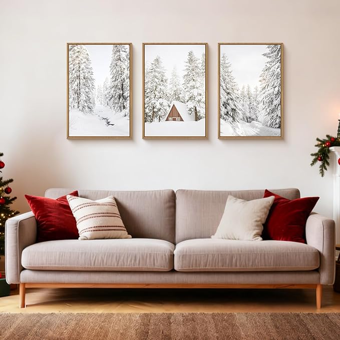 HLNIUC Christmas Snow Forest Framed Wall Art Set of 3, Large Winter Mountain Pine Tree Decor, Vintage White Cabin Landscape Canvas Art(24x36), Farmhouse Rustic Prints for Living Room, Bedroom, Office