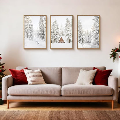 HLNIUC Christmas Snow Forest Framed Wall Art Set of 3, Large Winter Mountain Pine Tree Decor, Vintage White Cabin Landscape Canvas Art(24x36), Farmhouse Rustic Prints for Living Room, Bedroom, Office