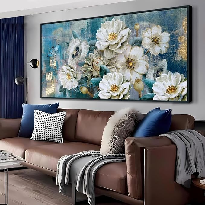 Arjun Extra Large Black Framed Flower Canvas Wall Art for Living Room White Elegant Modern Painting for Bedroom Textured Gold Foil Turquoise Picture Floral Teal Artwork Home Office Decor, 58"x29"