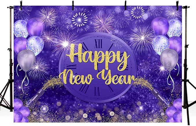 MEHOFOND Happy New Year Backdrop Purple 2026 New Year Eve Party Decorations Banner Supplies Shining Champagne Balloons Firework Photography Background New Years Eve Photo Studio Props 7x5ft