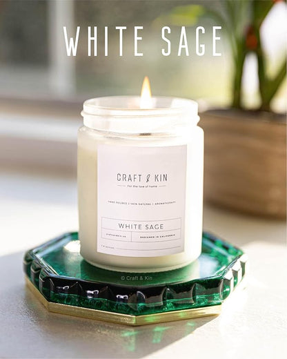 Craft & Kin White Sage Scented Candles for Cleansing | 8 Oz 45 Hour Long Lasting Holiday Candle | Classic Soy Woodwick Winter Candles | Made with Natural Soy | Gifts for Men and Women
