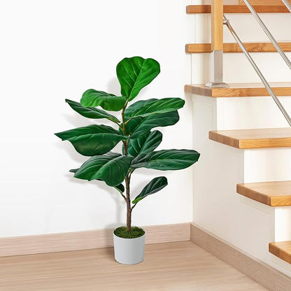 Artificial Mini Fiddle Leaf Fig Tree 31.5 Inch, Fake Plants Indoor Artificial Tree, Faux Fig Trees in White Pot for Housewarming Office Desk Home Green Decor