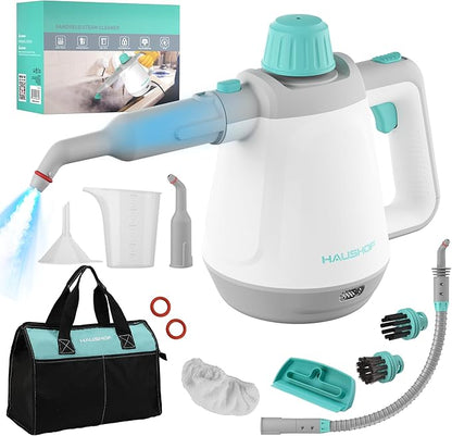 HAUSHOF Handheld Steam Cleaner, Steam Cleaner for Home with Tool Bag & Safety Lock, 11 pcs Accessories, Multi-purpose Natural Steam Cleaner for Cleaning Floor, Car, Upholstery, Grout and Grease