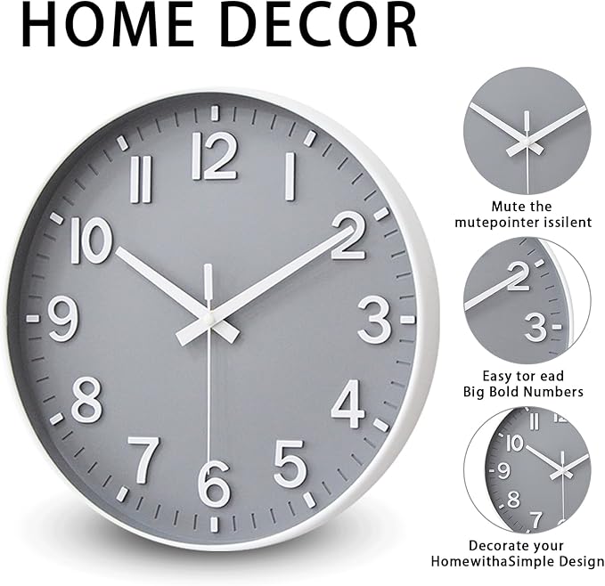 HZDHCLH Wall Clocks Battery Operated,Wall Clock Gray,8 inch Wall Clock Silent Non Ticking Modern 3D Numbers for Kitchen Bedroom Living Room Office Classroom Decor