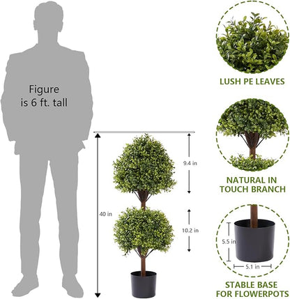 THE BLOOM TIMES 40" Tall Artificial Boxwood Double Ball Topiary Trees, UV Resistant Large Fake Potted Plants for Outdoor Planter, Realistic Faux Bushes Shrubs for Front Porch Outside Decor Set of 2