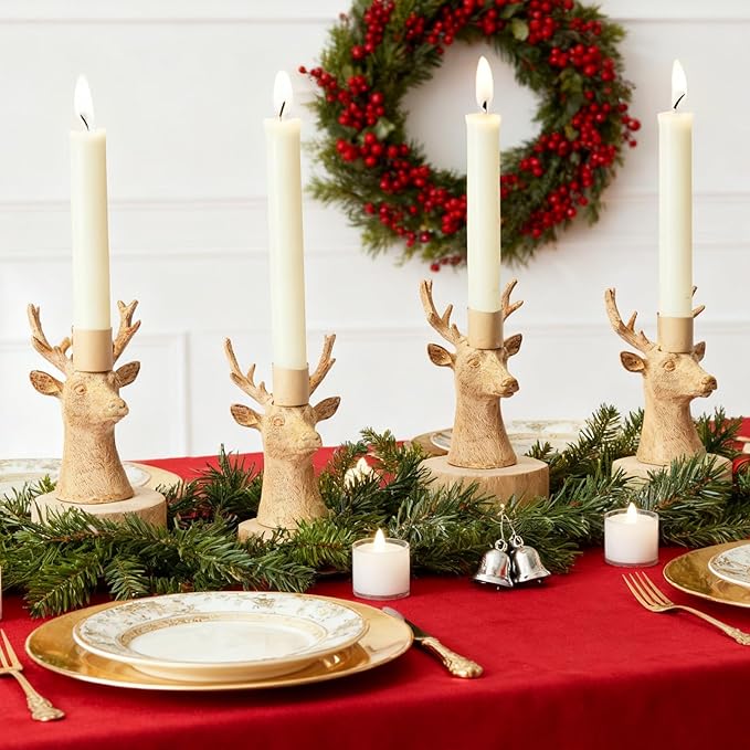 DN DECONATION Christmas Candle Holders Set of 4 – Reindeer Taper Candle Holders in Rustic Wood Color, Deer Head Candlestick Holders Holiday Tabletop Decor for Living Room, Fireplace, Party & Gift
