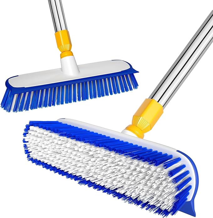 ITTAR 12" Wide Floor Scrub Brush with Long Handle, 2-in-1 Deck Cleaning Brush with 55" Extendable Pole, Heavy-Duty Tub Tile Scrubber Cleaner Brush for Shower Floor, Kitchen, Patio, Garage, Restaurant
