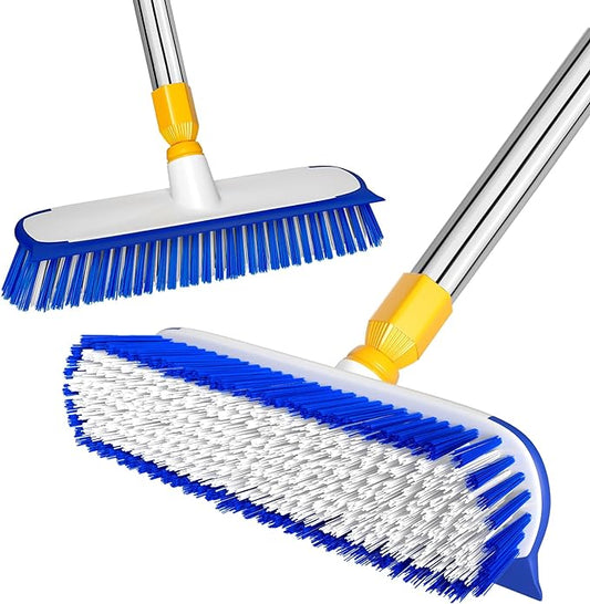 ITTAR 12" Wide Floor Scrub Brush with Long Handle, 2-in-1 Deck Cleaning Brush with 55" Extendable Pole, Heavy-Duty Tub Tile Scrubber Cleaner Brush for Shower Floor, Kitchen, Patio, Garage, Restaurant