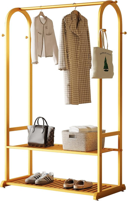 Gold Clothing Rack,Heavy duty clothes rack with 2-tier Bottom Shelves, Garment Rack with 6 Side Hooks for Hanging Clothes, Coats, Shirts (gold, 39.37in)