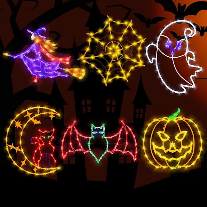 16" Halloween Window Silhouette Lights - 6 Pack Colour Lighted Bat & Witch & Pumpkin & Spider Web & Ghost & Cat on Moon for Holiday Indoor and Outdoor Wall Door Window Decorate
