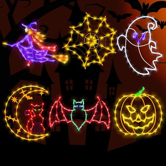 16" Halloween Window Silhouette Lights - 6 Pack Colour Lighted Bat & Witch & Pumpkin & Spider Web & Ghost & Cat on Moon for Holiday Indoor and Outdoor Wall Door Window Decorate