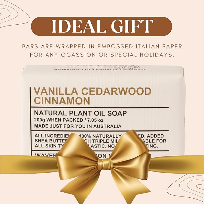 Wavertree & London Vanilla, Cedarwood, & Cinnamon Scented 100% Natural Soap Bar, 7oz Moisturizing French Triple Milled Soap Bar for Women & Men, Pure Bath & Body Soap (1 Bar)