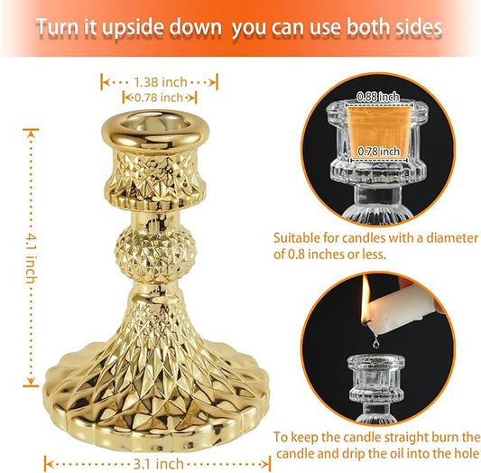 Glass Candlestick Holder,Striped Taper Candle Holders,Set of 6 Candle Stand for Table Centerpieces, Home Decor,Weddings,Festival and Parties (Gold Diamond)